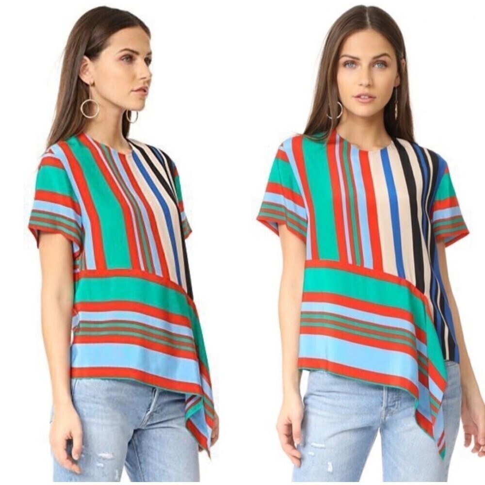 New! Diane Von Furstenberg Silk Borel Striped Jade Asymmetrical Blouse Top, P